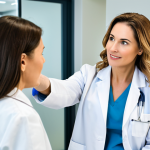 A professional female dermatologist, late 30s, wearing a clean, modest lab coat, is consulting with an adult female patient, early 40s, who is dressed in appropriate business casual attire. They are in a modern, bright dermatology clinic, with sleek, clean medical equipment subtly visible in the background. The dermatologist is pointing to a digital screen, explaining information clearly and professionally, while the patient listens with an attentive and hopeful expression. The scene is well-lit, conveying a sense of trust and cutting-edge professional care, fully clothed, modest clothing, appropriate attire, professional dress, perfect anatomy, correct proportions, natural pose, well-formed hands, proper finger count, natural body proportions, safe for work, appropriate content, professional, family-friendly.