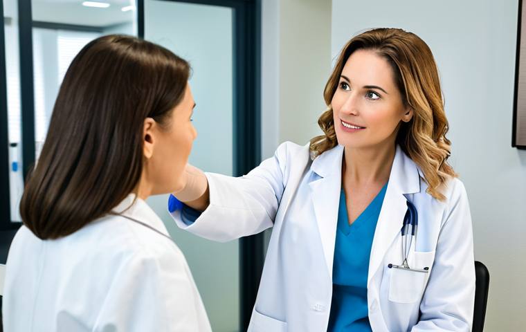 A professional female dermatologist, late 30s, wearing a clean, modest lab coat, is consulting with an adult female patient, early 40s, who is dressed in appropriate business casual attire. They are in a modern, bright dermatology clinic, with sleek, clean medical equipment subtly visible in the background. The dermatologist is pointing to a digital screen, explaining information clearly and professionally, while the patient listens with an attentive and hopeful expression. The scene is well-lit, conveying a sense of trust and cutting-edge professional care, fully clothed, modest clothing, appropriate attire, professional dress, perfect anatomy, correct proportions, natural pose, well-formed hands, proper finger count, natural body proportions, safe for work, appropriate content, professional, family-friendly.