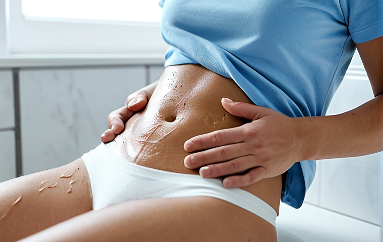 Topical Treatment Application**
"A woman with fair skin, wearing a modest, light blue cotton t-shirt, gently applying a small amount of silicone scar cream to a small, healed laparoscopy scar on her abdomen. The background is a bright, clean bathroom with soft lighting. Focus on the application technique and the texture of the skin. Safe for work, fully clothed, appropriate content, professional, perfect anatomy, correct proportions, natural pose, well-formed hands, proper finger count, natural body proportions."
**