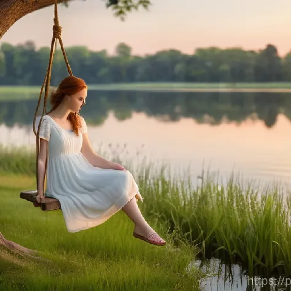 위암 진단 절차 - A serene and picturesque scene of a young woman, approximately 20-25 years old, with flowing auburn ...