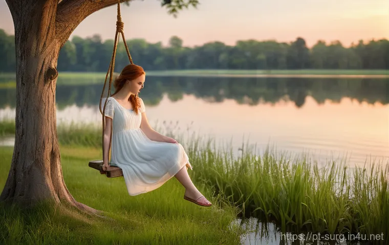 위암 진단 절차 - A serene and picturesque scene of a young woman, approximately 20-25 years old, with flowing auburn ...