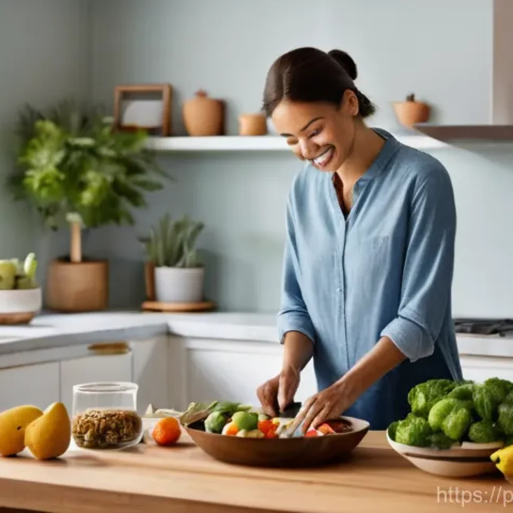 위암 치료 중 재활 - **Prompt:** A serene, naturally lit kitchen scene featuring an adult individual, gently smiling, pre...