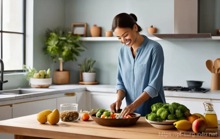 위암 치료 중 재활 - **Prompt:** A serene, naturally lit kitchen scene featuring an adult individual, gently smiling, pre...