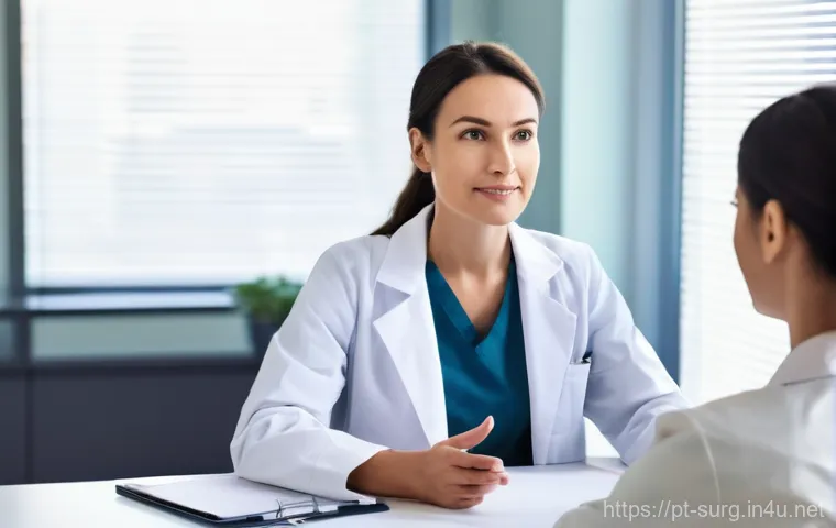 항문질환 치료 방법 - **Prompt 1: Empathetic Consultation**
    "A realistic, brightly lit scene inside a modern, clean me...