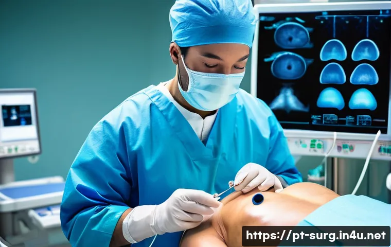 소화기 외과 치료법 - **Laparoscopic "Keyhole" Surgery in a Modern Operating Room:**
    A highly skilled surgeon, wearing...