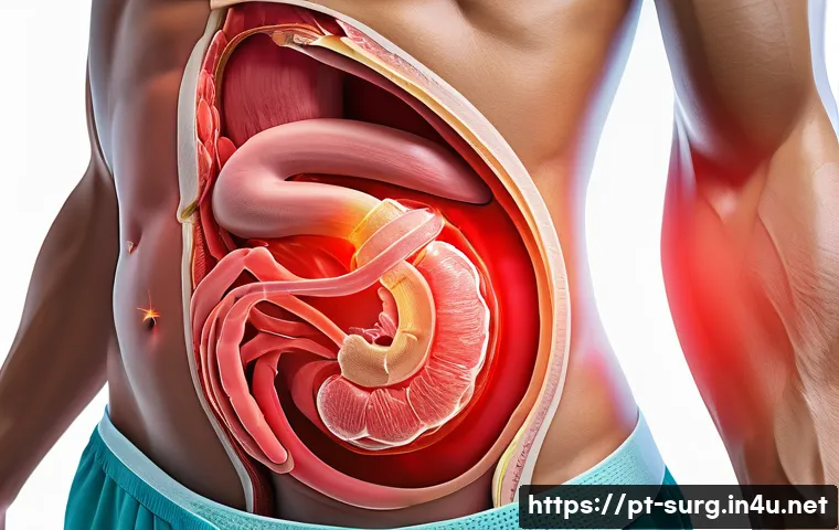 맹장염 진단 기준 - A detailed medical illustration showing the human abdomen with a focus on the lower right quadrant, ...