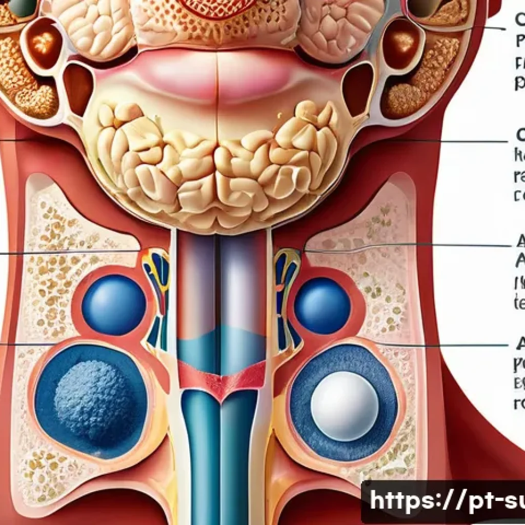 갑상선 결절 치료 - A detailed medical illustration of a thyroid gland with various types of nodules, including fluid-fi...