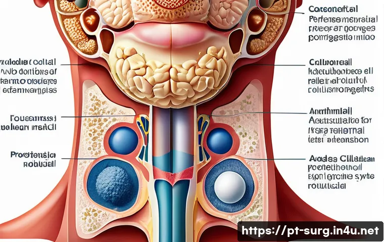 갑상선 결절 치료 - A detailed medical illustration of a thyroid gland with various types of nodules, including fluid-fi...