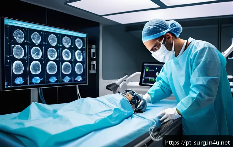 위암 수술 생존 사례 - A modern surgical operating room scene focused on a skilled surgeon performing minimally invasive ga...