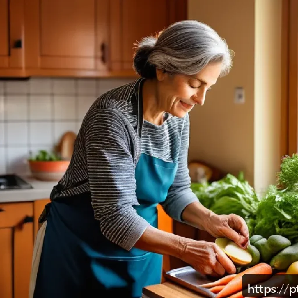 담석증 제거 후 식단 - A cozy kitchen scene featuring a middle-aged Portuguese woman preparing a light, healthy meal after ...