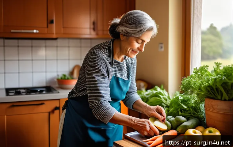 담석증 제거 후 식단 - A cozy kitchen scene featuring a middle-aged Portuguese woman preparing a light, healthy meal after ...