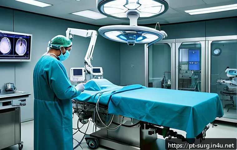 외과 최신 치료 사례 - A modern surgical operating room featuring a highly trained surgeon controlling a state-of-the-art r...