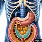 담석 제거 방법 - A detailed medical illustration of the human digestive system focusing on the gallbladder beneath th...