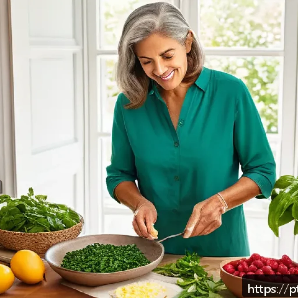 맹장 수술 후 회복 음식 - A vibrant, detailed kitchen scene featuring a Portuguese-speaking middle-aged woman preparing a nutr...