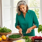 맹장 수술 후 회복 음식 - A vibrant, detailed kitchen scene featuring a Portuguese-speaking middle-aged woman preparing a nutr...