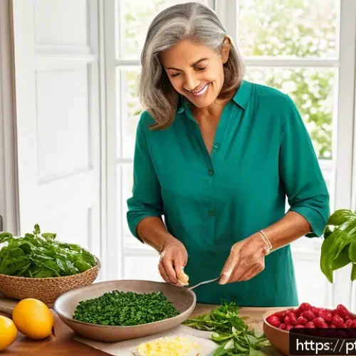 맹장 수술 후 회복 음식 - A vibrant, detailed kitchen scene featuring a Portuguese-speaking middle-aged woman preparing a nutr...