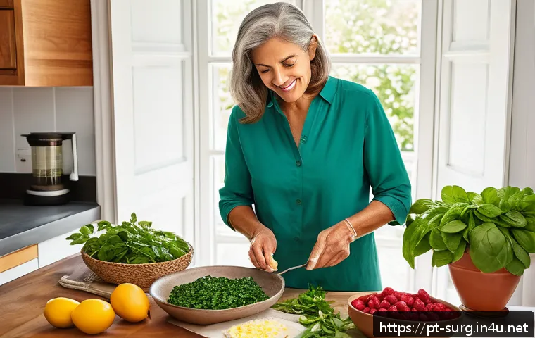 맹장 수술 후 회복 음식 - A vibrant, detailed kitchen scene featuring a Portuguese-speaking middle-aged woman preparing a nutr...