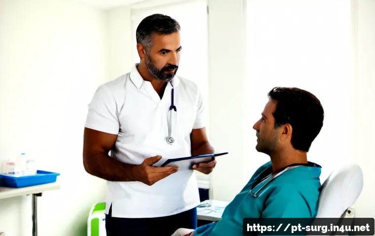 탈장 수술 후기 모음 - Photorealistic Brazilian middle-aged man in a bright modern surgical consultation room, fully clothe...